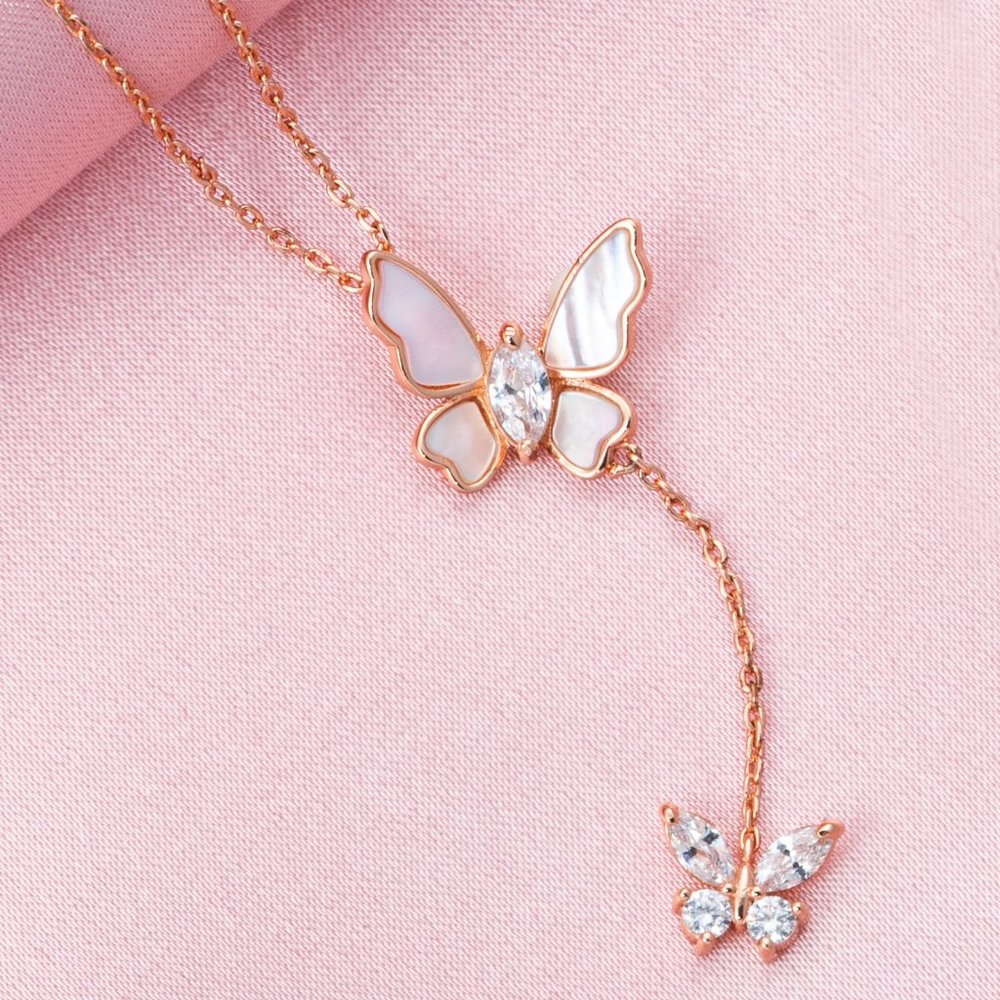 Rose Gold Butterfly Necklace with pink Mother of Pearl, Charmed Aroma